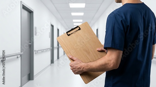 Healthcare professional holding clipboard in hospital hallway.