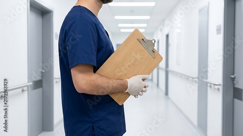 Medical professional holding a clipboard in a hospital corridor.