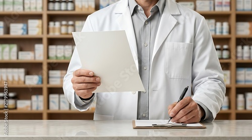 Pharmacist Holding Prescription and Writing in Pharmacy.
