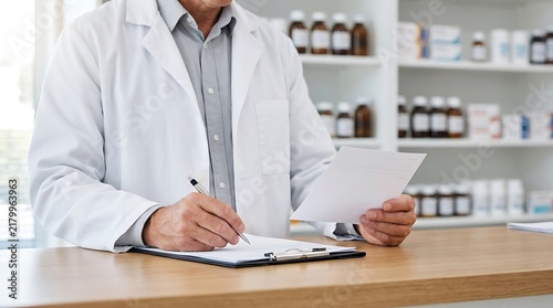 Pharmacist in white coat writing on clipboard at pharmacy counter with shelves of medicine in background.