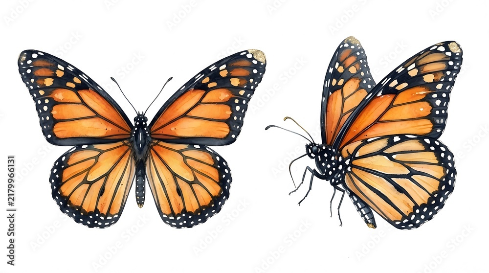 Obraz premium Monarch butterfly illustrations display open and closed wing positions on a plain white background.