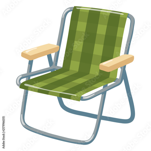 Folding camping chair with green plaid seat and metal frame. Cartoon vector illustration on white background. 