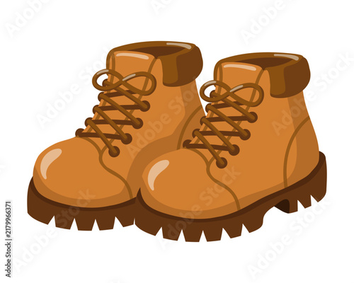 Pair of brown hiking boots with laces and rugged soles. Cartoon vector illustration on white background. 