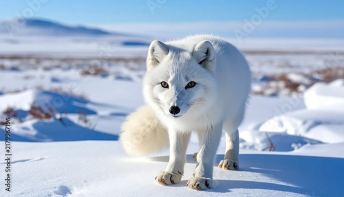 Arctic Fox Walking on Snowy Landscape.