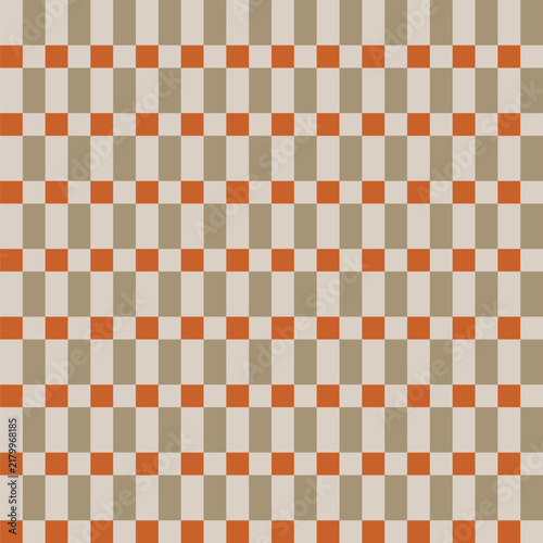 Seamless pattern created from rows of small orange squares and khaki rectangles on a pale grey background