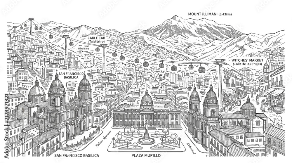 Obraz premium Detailed Line Art Cityscape of Manila, Philippines with Cable Cars and Landmarks