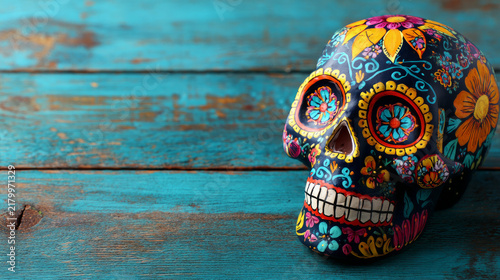 Halloween Day of the Dead Skull with Zipper Mouth and Colorful Decorative Design, Dark Gothic Horror Concept