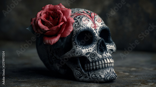 Halloween Day of the Dead Skull with Red Rose Flower, Mexican Sugar Skull Gothic Celebration Concept