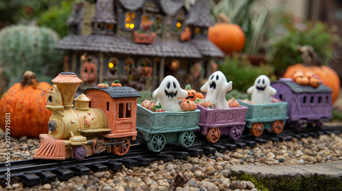 Halloween Ghost Train with Spooky Cars and Pumpkins, Haunted Ride and Scary Holiday Concept