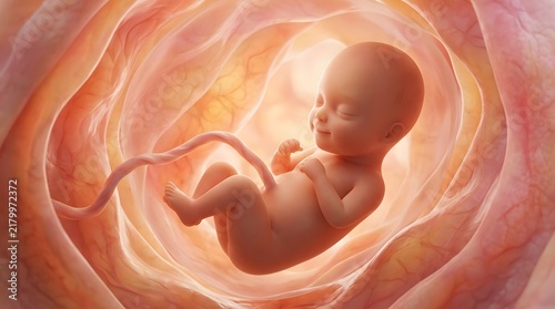 3D medical illustration of a human fetus developing inside the womb with an umbilical cord.