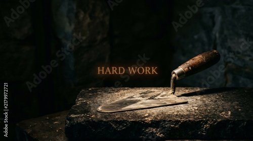 Masonry trowel on weathered stone with 'HARD WORK' text, dark cinematic lighting, manual labor concept, construction grit, craftsmanship still life.