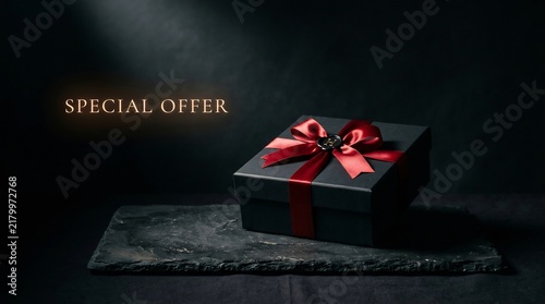 Premium black gift box with red satin ribbon and wax seal, Special Offer text, luxury reward for employee appreciation, Labor Day sale promotion, elegant corporate gift box.