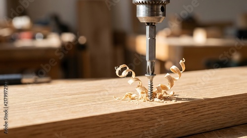 Drill bit driving screw into wood plank, spiral shavings, carpentry macro, manual labor craftsmanship, workshop construction detail, DIY home improvement.