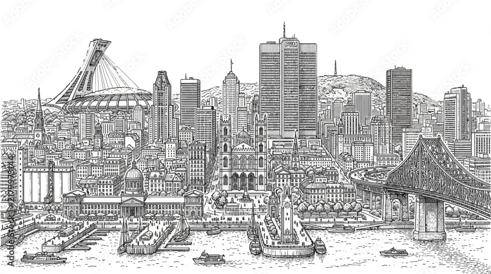 Obraz premium Montreal Skyline Panorama Illustration. Iconic Landmarks, Urban Landscape, Black and White Drawing.
