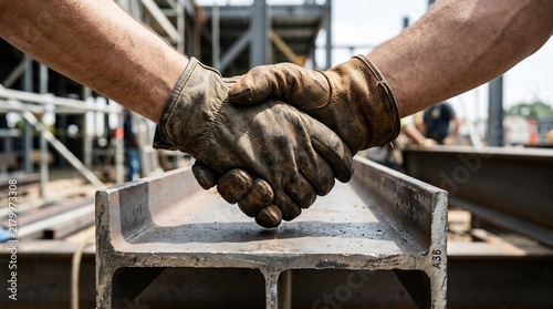 Construction workers shaking hands in worn leather gloves over a steel beam; industrial partnership and blue-collar teamwork agreement on a building site.