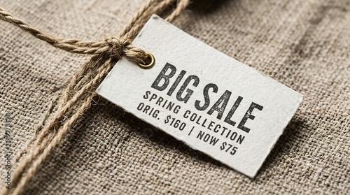 Big Sale price tag for Spring Collection on rustic burlap fabric, retail discount label with twine, artisanal boutique shopping concept, promotional offer for fashion industry.