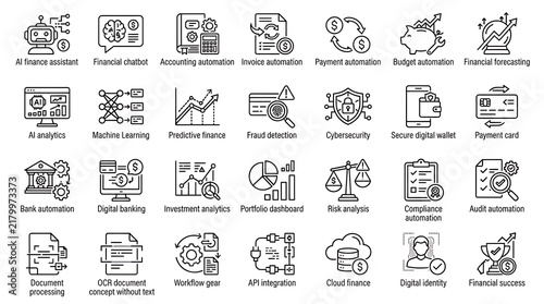 Fintech line icon set represents artificial intelligence, digital banking, accounting automation, and financial analytics.