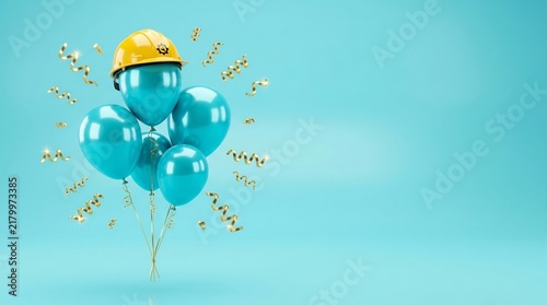 Teal balloons wearing yellow hard hat with gold confetti for construction celebrations, Labor Day, and safety milestones.