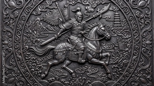 Ancient Chinese Warrior on Horseback Metal Relief Sculpture