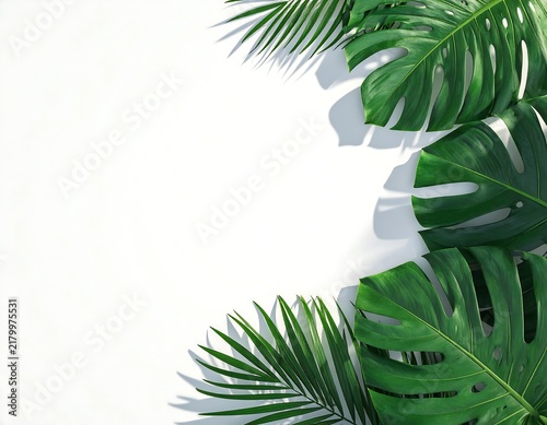 Fresh green monstera and palm leaves arranged on a white background with natural shadows. Ideal for summer branding and tropical wellness concepts.