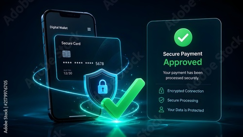 Secure digital payment approved concept with smartphone digital wallet credit card and glowing protective shield