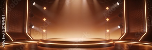 TV quiz show studio, game show stage lights, dim neon lights, soft spotlights, empty stage, brown background.