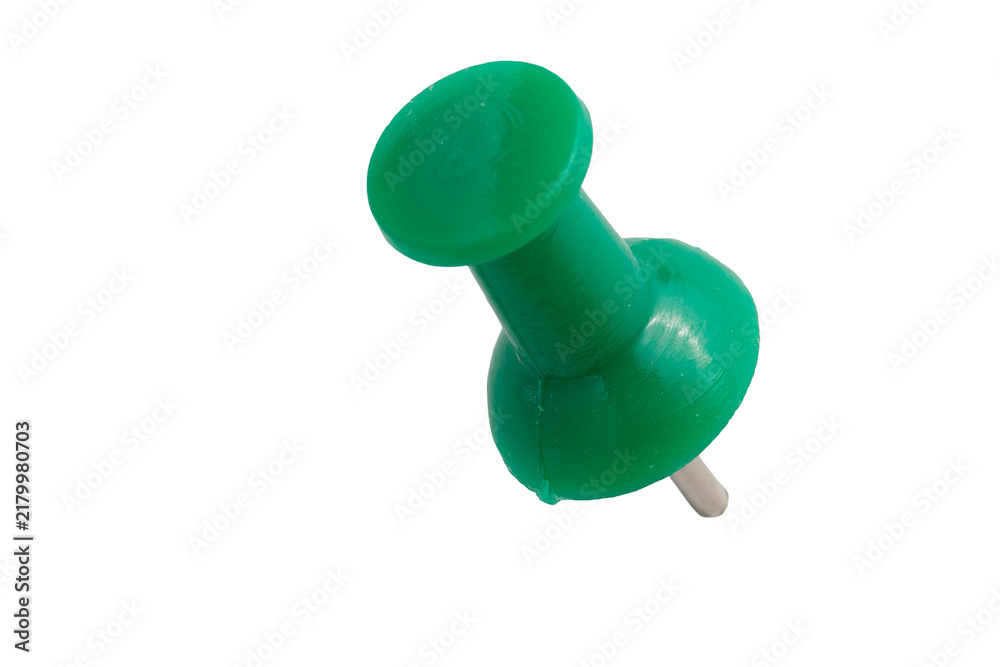 Obraz premium Green push pin lying diagonally isolated on transparent background for location marking and notice concept
