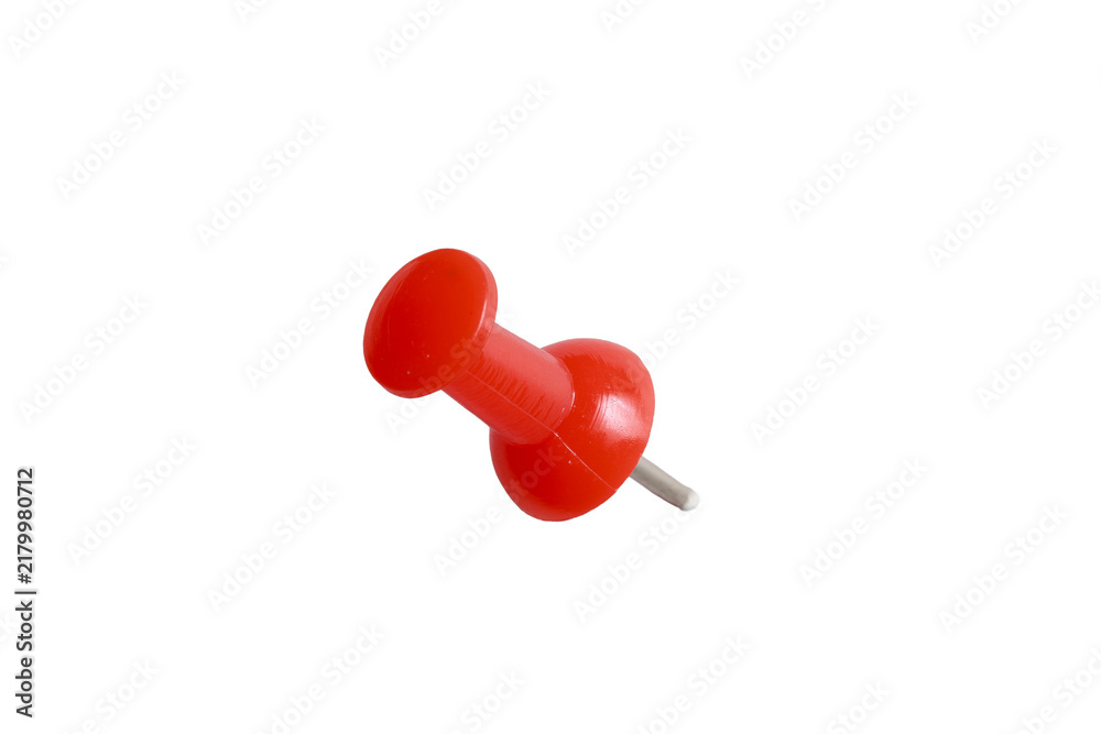 Obraz premium Red push pin lying diagonally isolated on transparent background for location marking and notice concept