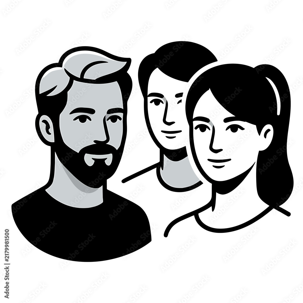 Obraz premium Three diverse people avatars showing a bearded man and a smiling woman