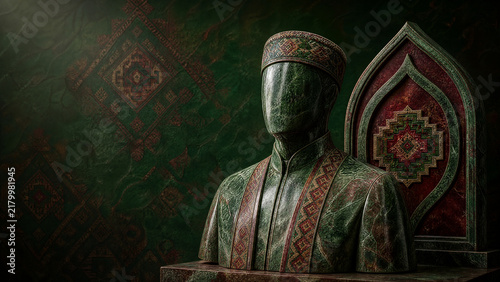 Polished marble sculpture bust of a Turkmen heritage figure for Independence Day of Turkmenistan on a green and white studio backdrop with copy space