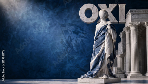 Polished marble sculpture bust of a Greek independence figure for Ohi Day of Greece on a blue and white studio backdrop with copy space