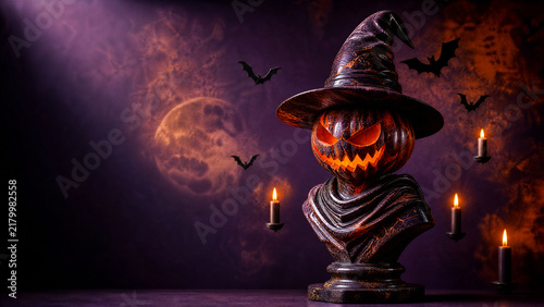 Polished marble sculpture bust of a jack o lantern for Halloween on a blood orange and midnight purple studio backdrop with copy space