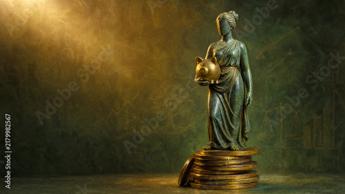 Polished marble sculpture bust of a savings figure for World Thrift Day on a gold and emerald studio backdrop with copy space
