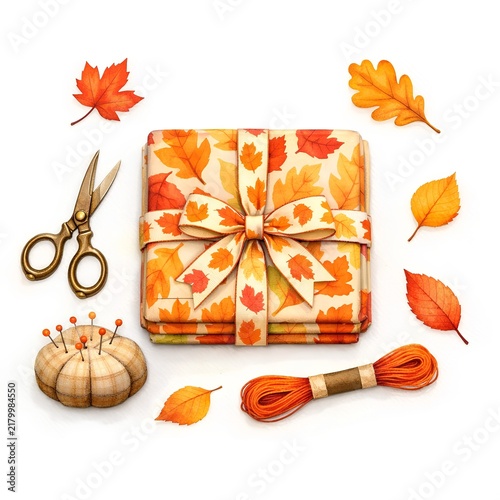 Watercolor autumn sewing clip art with needles, scissors, fabric and leaves 