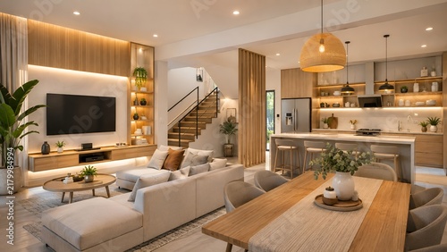Minimalist warm wooden home interior combining living room dining area and kitchen in bright scandinavian design style