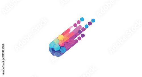 Abstract colorful geometric meteor with hexagonal shapes on white background