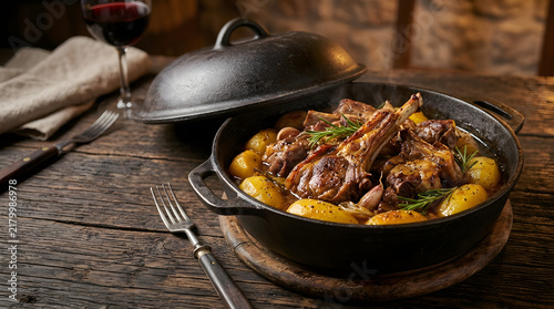 Roasted Lamb Shanks with Potatoes in Skillet