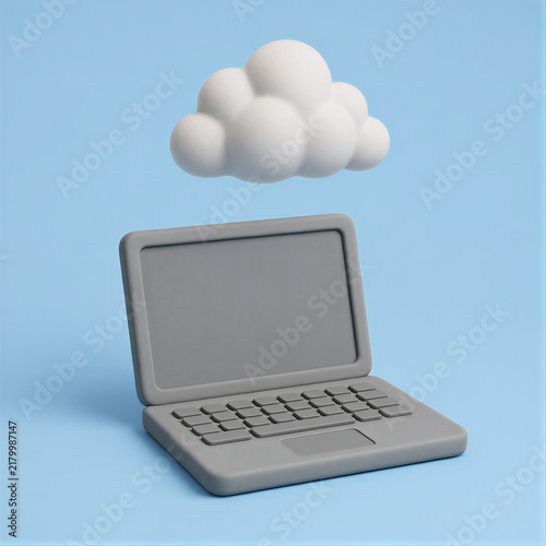 Minimalist 3D laptop hovering beneath a white fluffy cloud on pastel blue background under soft studio lighting for cloud computing and digital data storage concep