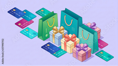 Credit cards scattered table display with festive gift boxes and shopping bags in a modern isometric studio setting for e-commerce shopping and payment concept