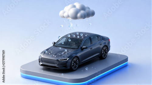 A hailstorm dented car hood on an electric vehicle under a miniature storm cloud in a clean studio setting for modern auto insurance and damage protection concept