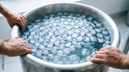 Flat Lay Cold Plunge Ice Cubes Close Up, Stainless Steel Therapy Pool, Athletic Hands On Container Edge, Biohacking Concept Copy Space