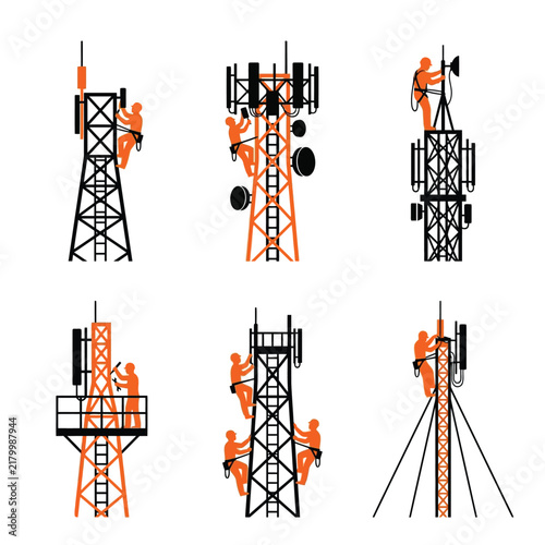 Telecommunication Tower Technician Vector Silhouette Set - Workers Maintaining 5G Antennas and Cellular Network Infrastructure