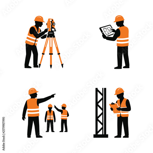 Construction Site Workers and Civil Engineers Silhouette Icon Set
