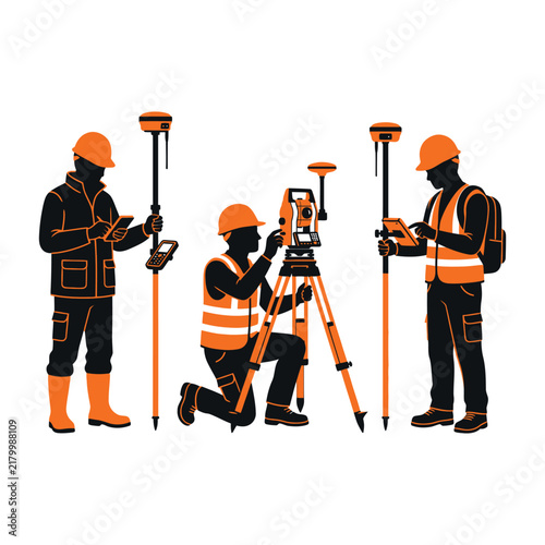 Professional Land Surveyor Team with Total Station and GPS Equipment Vector Illustration