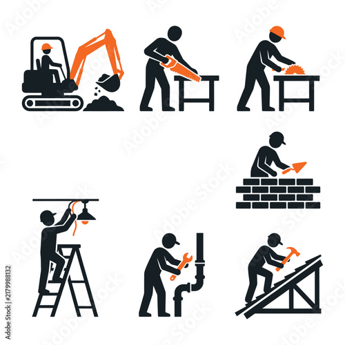 Construction Worker Icon Set - Professional Trade Pictograms for Maintenance and Building Services