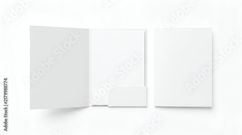Blank white presentation folder mockup featuring an open and closed design on a clean minimalist background
