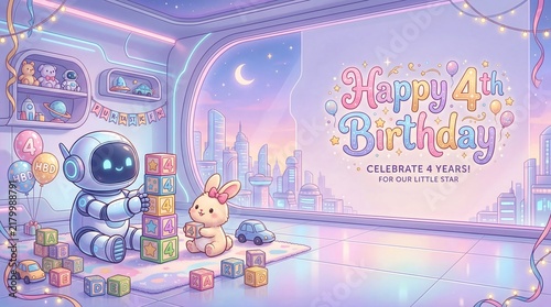 Cute robot and bunny celebrating fourth birthday in futuristic playroom