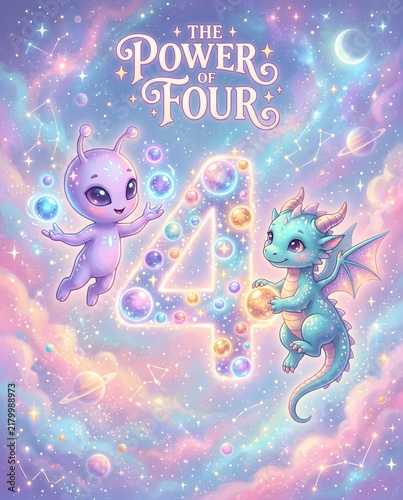 Cute alien and baby dragon surrounding magical glowing number four
