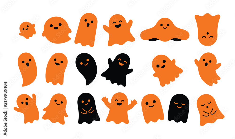 Fototapeta premium Set of cute orange and black ghost icons for halloween
