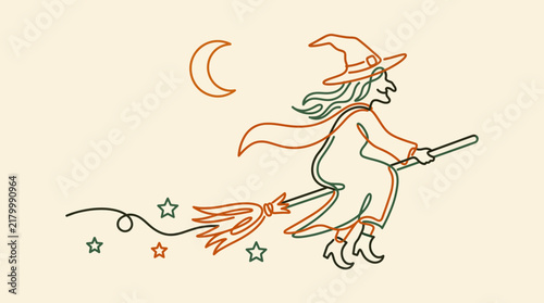 Fotografie Festive witch flying on broomstick in minimalist line style for seasonal banners